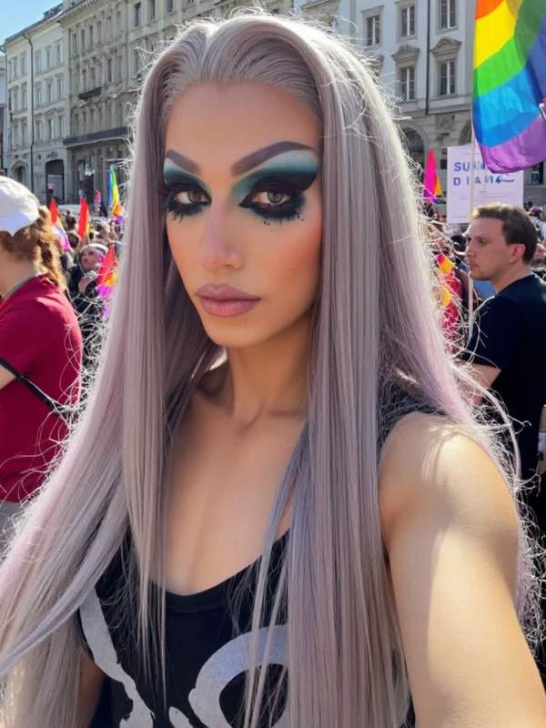 Drag Queen in bunten Haaren neckt dich im Pride-Monat
