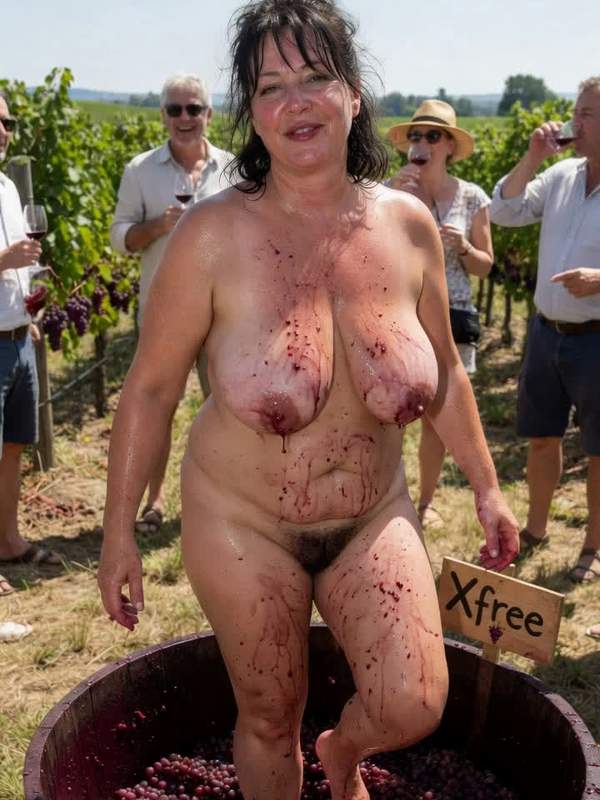 Nackte Frau mit großen Titten stampft Trauben