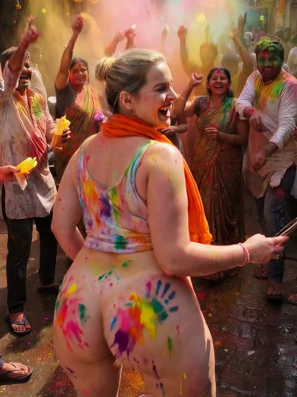 Blonde Frau mit Puder auf dem Arsch twerket draußen in Indien