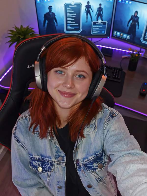 Schöne Frau im roten Kopftuch, die im Chat flirtet und auf Nachrichten wartet.