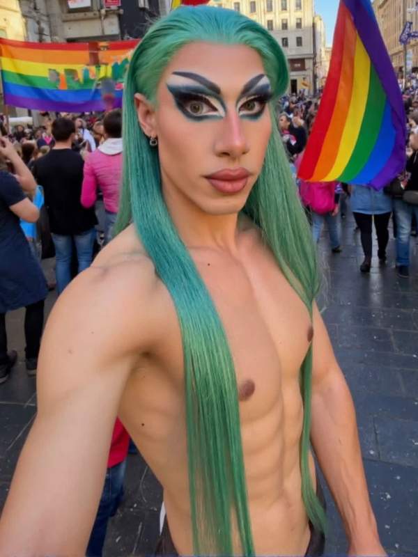 Drag Queen zeigt bunte Haare und Necken im Pride-Monat