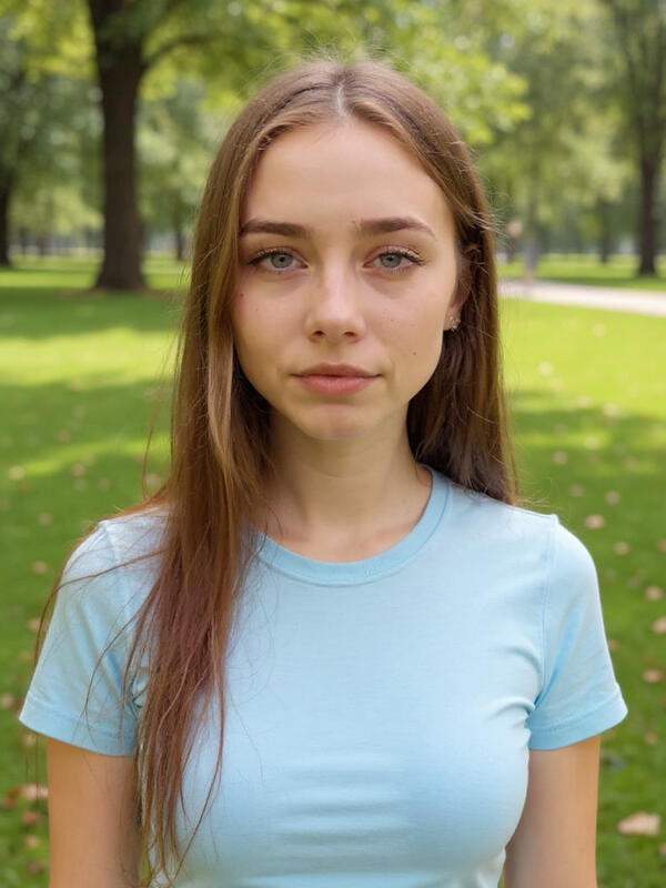 Brünette Frau neckt sich draußen im Park