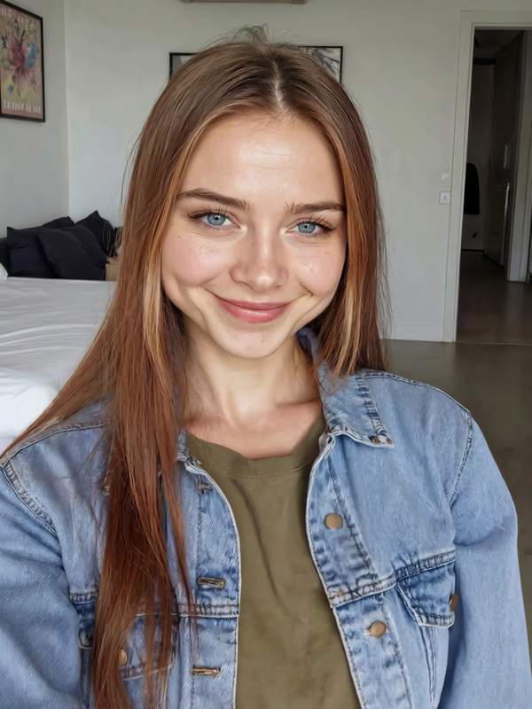 Brünette Amateurin in Jeansjacke neckt sich selbst